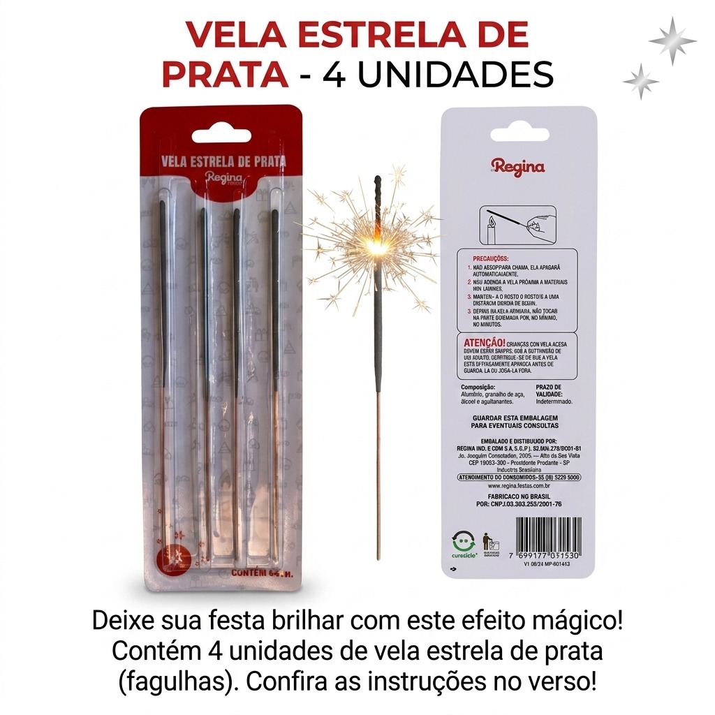 Vela Estrela de Prata Grafite 13,5cm 4 un.