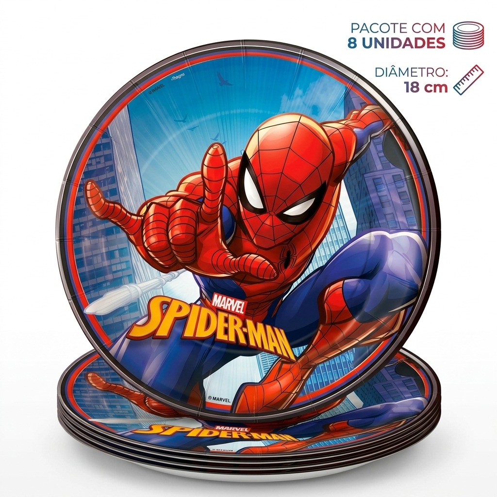 Prato Papel Redondo 18 cm Homem Aranha Animação 8 un.