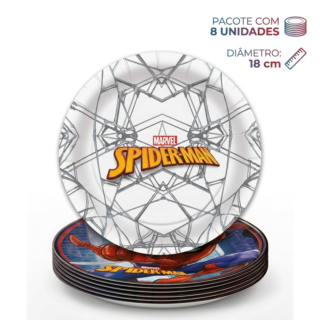 Prato Papel Redondo 18 cm Homem Aranha Animação 8 un.