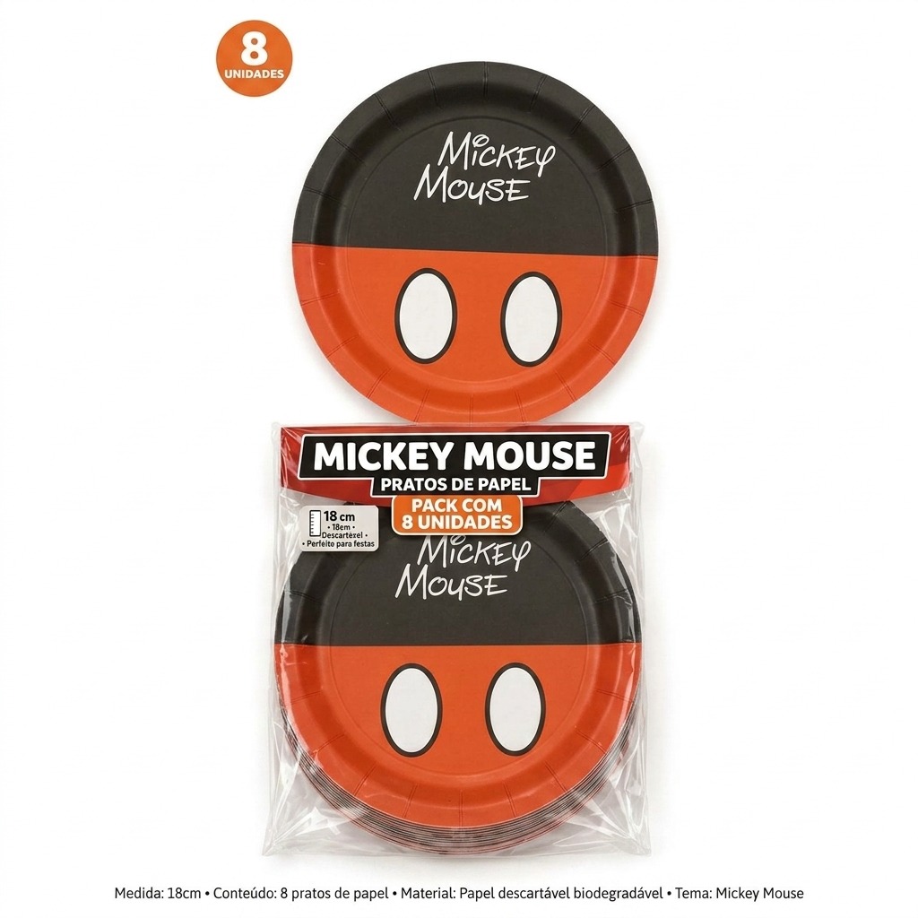 Prato Papel Redondo 18 cm Mickey Mouse 8 un.