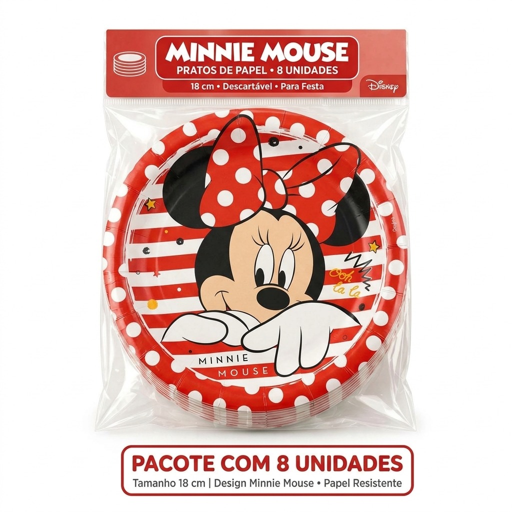 Prato Papel Redondo 18 cm Minnie Mouse 8 un.