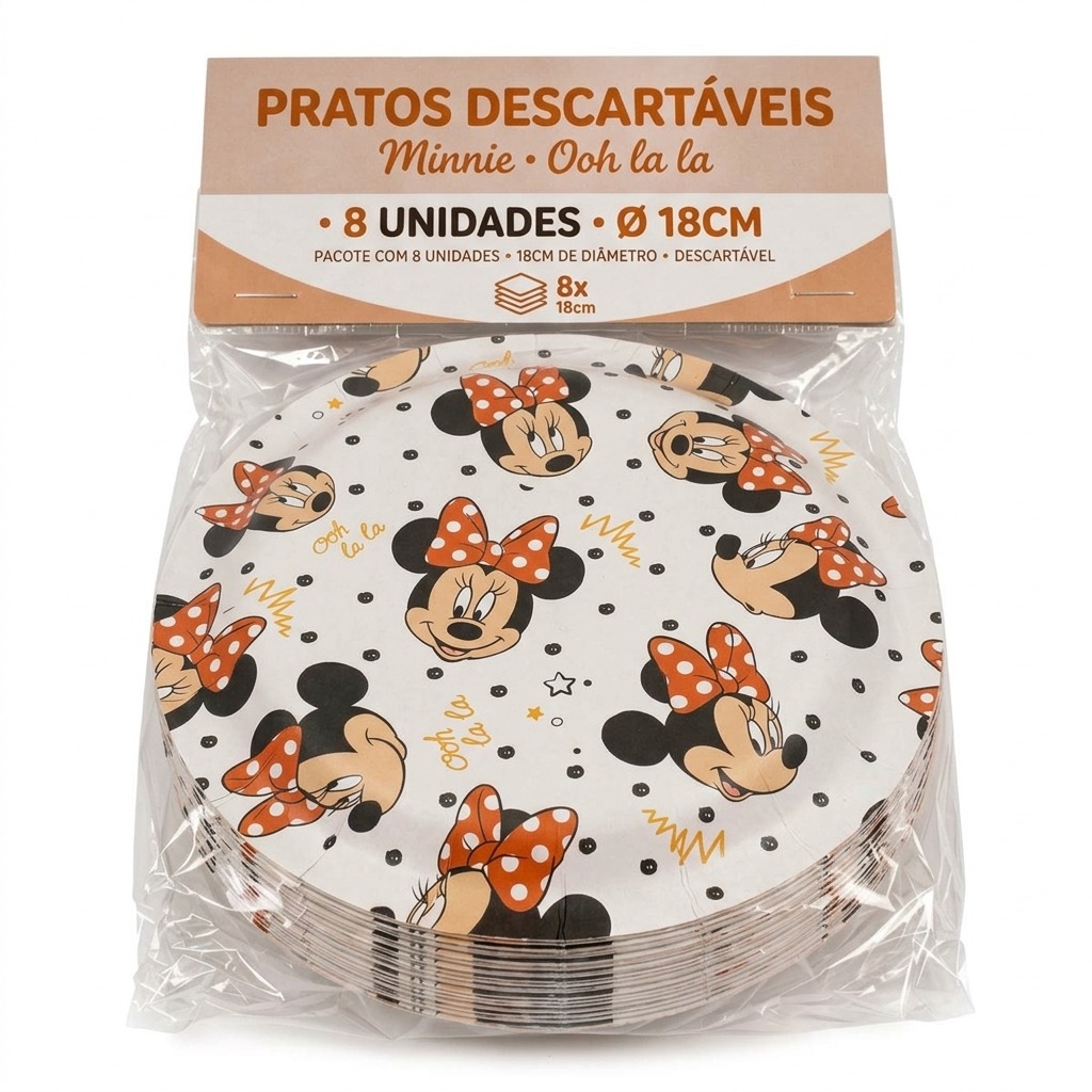Prato Papel Redondo 18 cm Minnie Mouse 8 un.