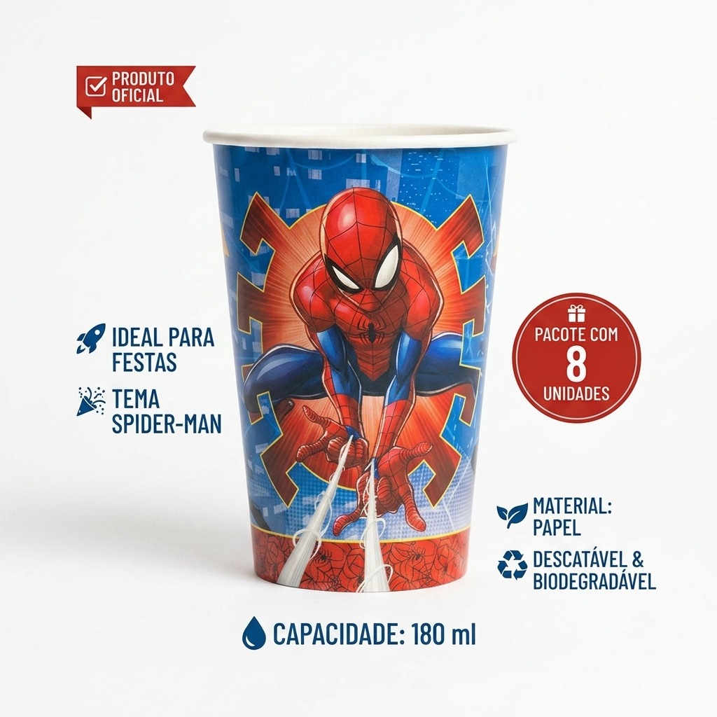 Copo Papel 180 ml Homem Aranha 8 unidades