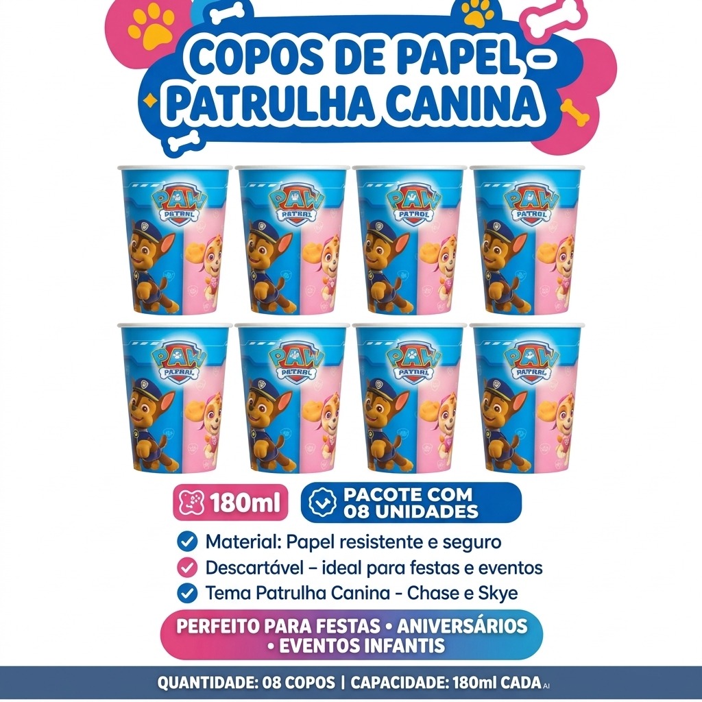Copo Papel 180 ml Patrulha Canina Core 8 un.