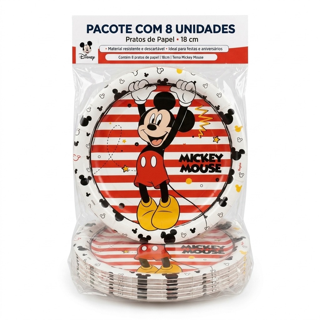 Prato Papel Redondo 18 cm Mickey Mouse 8 un.
